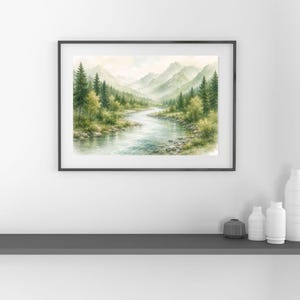 Whispering Valley Retreats aquarel landschapsdruk, kunst aan de muur bergvallei, natuurdecor, afdrukbare download