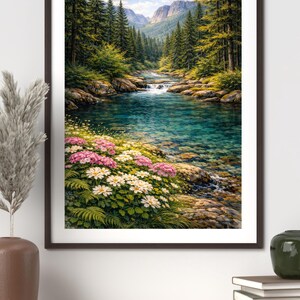 May include: Framed art print of a landscape showing a tranquil river scene. The image portrays a clear turquoise river winding through a forest, with mountains in the background. Pink and white flowers bloom along the riverbank, adding colour.