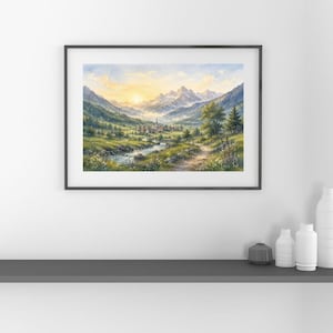 Aquarelprint van de witte huisjes in Hidden Valley, wanddecoratie met berglandschap (digitale download)