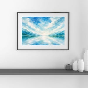 Mjukt akvarellpanoramatryck, kustnära sjöreflektionslandskapskonstverk (digital nedladdning)
