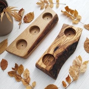 Rustic Olive Wood and Oak Wood Candle Holders – Live Edge Table Decor Set