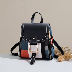 Plaid Leather Backpack School Bag Fashion Accessory Daily Use Travel Rucksack Small Size Mini Purse Stylish Design Cute Lock Zipper Closure