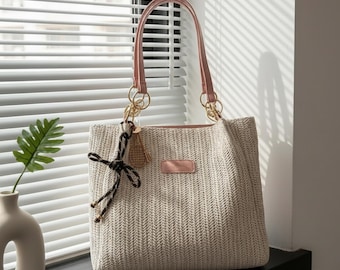 Gewebte Stroh Einkaufstasche Frauen Sommer Handtasche Strand Urlaub Reise große Kapazität Schulter Geldbörse Casual Style Strukturierte Design Solid Color
