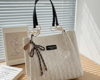Borsa tote in paglia intrecciata da donna, borsa estiva da spiaggia, per vacanze e viaggi, grande capacità, borsa a tracolla, stile casual, design strutturato, tinta unita