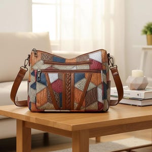 Borsa a tracolla vintage, borsa a mano in pelle in stile retrò, design minimalista, classica borsa a tracolla patchwork, piccola compagna di viaggio con cerniera