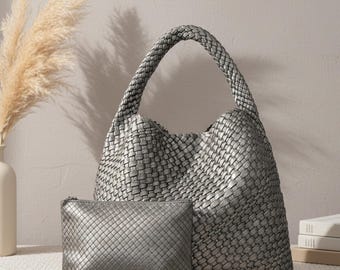 Bolso tote de cuero tejido, bolso de mano de gran capacidad, bolso de hombro, bolso vegano de moda para mujer, diseño hecho a mano, accesorio casual moderno y elegante para la playa.
