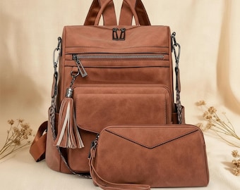 Zaino da donna, borsa per laptop, compagno di viaggio per l'università, accessorio da lavoro, antifurto, impermeabile, in pelle PU, con design a nappa, valigetta da lavoro