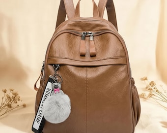 Zaino da donna in pelle, per scuola, viaggio, viaggio, zaino nero in pelle di vacchetta, grande capacità, leggero, marrone, a righe, stile preppy