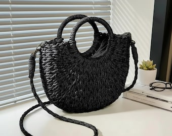 Borsa a mezzaluna in paglia, rattan, stile boho, da spiaggia, intrecciata, estiva, a tracolla, accessorio naturale per le vacanze, cestino boho interamente intrecciato a mano