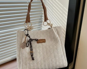 Bolso de mano de paja tejida para mujer, bolso de verano para la playa, vacaciones, viajes, bolso de hombro de gran capacidad, estilo casual, diseño estructurado, color liso.