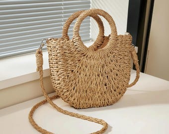 Stroh Halbmond Tasche Rattan Strand Boho Gewebt Sommer Schulter Tasche Natürliche Crossbody Accessoire Urlaub tragen Alle Handgewebter Boho Korb