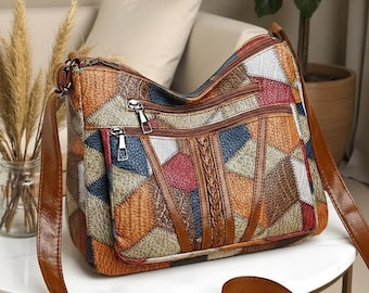 Borsa a tracolla vintage, borsa a mano in pelle in stile retrò, design minimalista, classica borsa a tracolla patchwork, piccola compagna di viaggio con cerniera