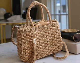 Bolso de playa de ratán para mujer, bolso de paja de verano, bandolera tejida, bolso de hombro, bolso de mano para vacaciones, bolso tipo cesta boho, bolso de mimbre natural, bolso casual