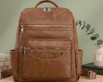 Zaino da lavoro in pelle, compagno di viaggio, elegante, design professionale, estetica minimalista, accessorio di lusso per il business, autentico, dirigenziale.