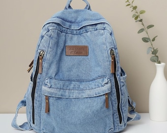 Zaino in denim unisex, stile casual, stile vintage, da viaggio, con fodera in tela, ergonomico, per studenti e università, con cerniera