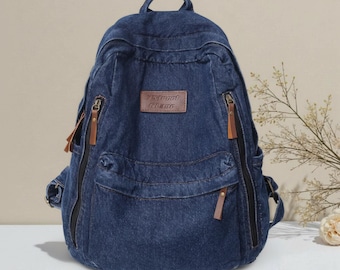 Mochila escolar de mezclilla de gran capacidad, mochila escolar azul vaquera informal, mochila multibolsillos para portátil, mochila de viaje de uso diario, ergonómica.