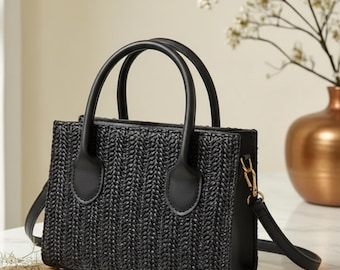 Borsa estiva in paglia, borsa da spiaggia, borsa da vacanza, motivo cavo, design intrecciato, stile boho, borsa a tracolla casual, accessorio di moda da donna, lavorato a maglia
