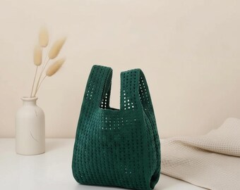 Borsa lavorata a maglia fatta a mano, dimensioni ridotte, manico con nodo, design da polso, accessorio elegante, da portare tutti i giorni, stile casual, motivo scozzese, tessuto morbido, ecologico.