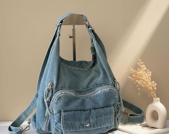 Borsa tote in denim grande da donna, borsa a tracolla in jeans blu, borsa a tracolla minimalista, borsa da viaggio casual, regalo per studenti universitari