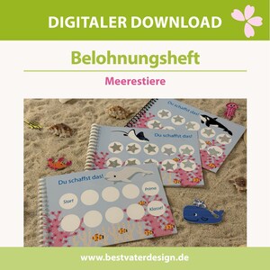Könnte beinhalten: Drei spiralgebundene Belohnungshefte mit hellblauen Einbänden, die Illustrationen von Meerestieren, Korallenriffen und den Text "Du schaffst das!", "Start", "Prima" und "Klasse!" sowie kreisförmige Felder für Aufkleber zeigen.