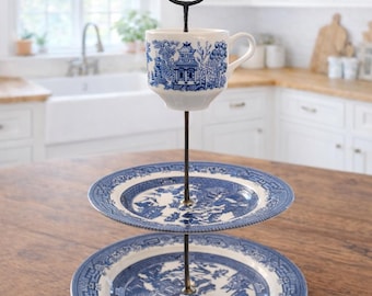Vintage Blue Willow Teacup Tiered Stand. Dessert Display. Christmas Gift for Mom. Bridal Shower Dessert Stand. Garden Party Serving Stan