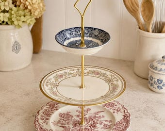 Patriotic Tiered Stand | Vintage China Display Stand | 4th of July Table Decor
