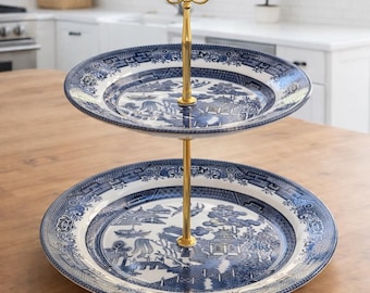 Vintage Blue Willow Two Tier Serving Stand. Cottagecore Kitchen Decor. Birthday Gift for Mom.     Gift under 100. Baby Shower Dessert Stand