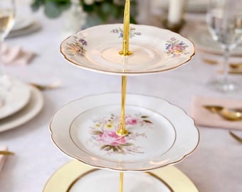 Bridal Shower Centerpiece Table Diaplay. Hostess Gift for Vintage Lover. Cottagecore Dessert Stand for Tea Party. Tea Party Serving Tray