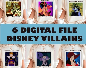 6 Disney-skurkar PNG-paket, prinsessinspirerad skjortdesign, skurkestetik PNG, sublimerings-PNG, Disney-resa