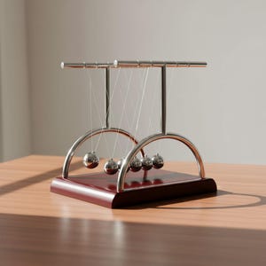 Op de afbeelding: Een Newton's cradle bureau-speelgoed met een donkerrode houten basis en een gepolijst metalen frame. Vijf glanzende metalen bollen hangen in een rij en demonstreren de overdracht van momentum. Een klassiek bureau-accessoire.