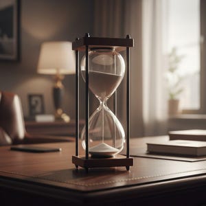 May include: An hourglass with a wooden frame and clear glass bulbs, filled with white sand. The hourglass is set on a dark wooden desk, with a lamp and books in the background. The design is classic and elegant.