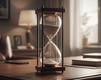 May include: An hourglass with a wooden frame and clear glass bulbs, filled with white sand. The hourglass is set on a dark wooden desk, with a lamp and books in the background. The design is classic and elegant.