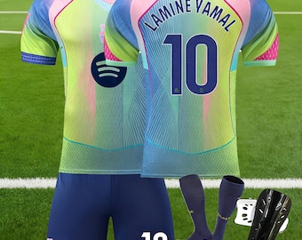 Conjunto de camiseta y pantalón corto inspirado en el Barcelona Lamine Yama #10, para adultos y niños.