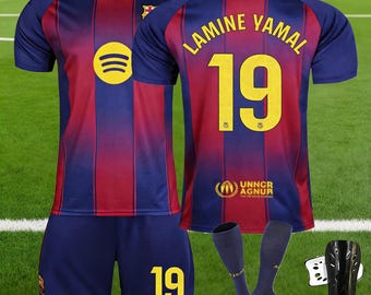25/26 バルセロナ ラミン・ヤマ #19 ジャージ＆ショーツセット、大人用と子供用サッカー用品