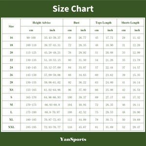 May include: A size chart with measurements in centimeters and inches for clothing. The chart includes sizes, height advice, bust, tops length, and shorts length. The text "YanSports" is at the bottom.