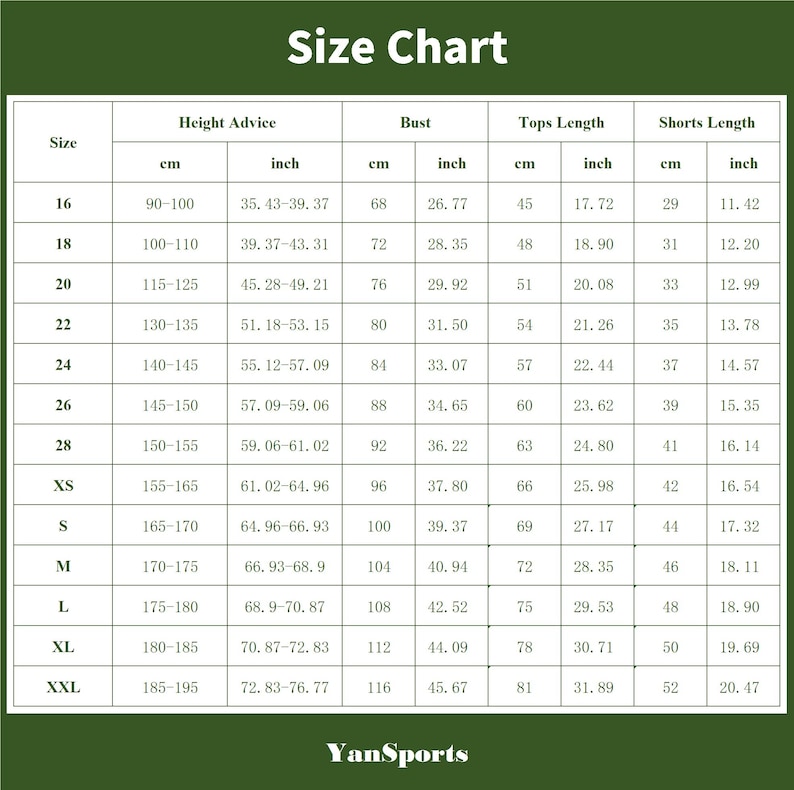 May include: A size chart with measurements in centimeters and inches for clothing. The chart includes sizes, height advice, bust, tops length, and shorts length. The text "YanSports" is at the bottom.