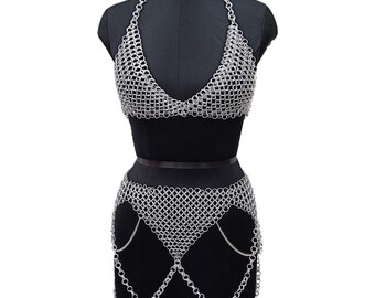 Chainmail Top and Skirt Set Handmade Aluminum Bikini for Women Medieval Fantasy Armor Party Wear, Valentine's Day Gift