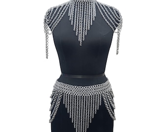 Handmade Aluminum Chainmail Collar and Skirt Set Medieval LARP Armor Renaissance Faire Gothic Festival Costume for Women