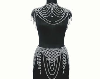 Women's Aluminum Chainmail Collar & Hip Skirt Set Medieval Gothic Renaissance Faire LARP Costume