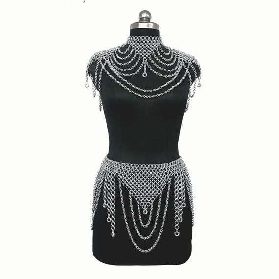 Women's Aluminum Chainmail Collar & Hip Skirt Set Medieval Gothic Renaissance Faire LARP Costume