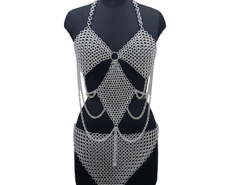 Women's Aluminum Chainmail Top and Skirt Set Medieval Renaissance Faire Costume Gothic LARP Cosplay Festival Armor