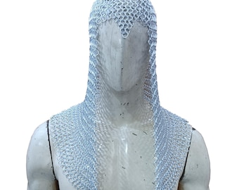Aluminum Chainmail Hood Handmade Medieval Coif Headpiece 10mm Butted Ring Armor for Halloween Festival LARP and Gothic Outfit