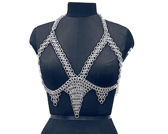 Handmade Aluminum Chainmail Harness Bra Top Lightweight Butted Ring Body Jewelry Gothic Renfaire Outfit for LARP