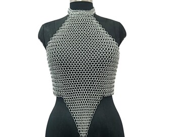 Medieval Chainmail Top Handmade Aluminum Halter Top Renaissance Faire Outfit LARP Armor Festival Rave Costume for Women
