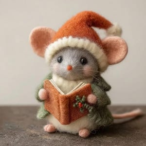 May include: A handcrafted felt mouse figurine wearing a Santa hat and a green coat, holding an open book with holly. The mouse has large, expressive eyes and pink ears, and is posed as if singing. A charming holiday decoration.