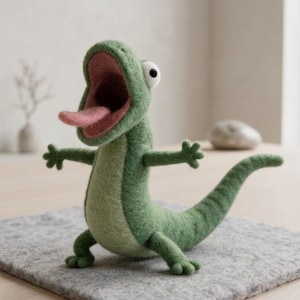 May include: A handmade green felt lizard figurine with an open mouth and pink tongue. The lizard has outstretched arms and a long tail. The figurine is standing on a gray felt mat.