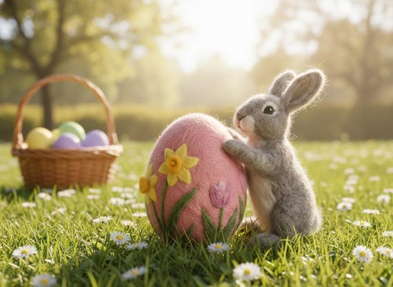 Handmade Needle Felt Easter Bunny with Floral Egg, Wool Felted Rabbit Figurine, Spring Home Decor, Miniature Bunny Gift