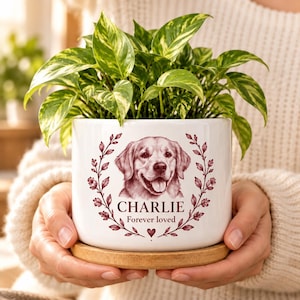 May include: A white ceramic cylindrical planter with a wooden base containing a green and yellow variegated pothos plant. The planter features a maroon illustration of a dog, the name CHARLIE, and the text Forever loved in a floral wreath.