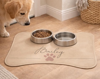 Tapis d'alimentation personnalisé avec nom | Tapis de gamelle neutre pour chien et chat | Tapis alimentaire antidérapant personnalisé | Cadeau déco minimaliste pour animal de compagnie
