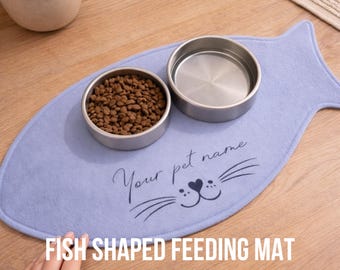 Personalized Fish Shaped Cat Feeding Mat•Custom Cat Bowl Placemat with Name •Non Slip Food Mat•Cute Gift for Cat Lovers•Custom Name Food Mat